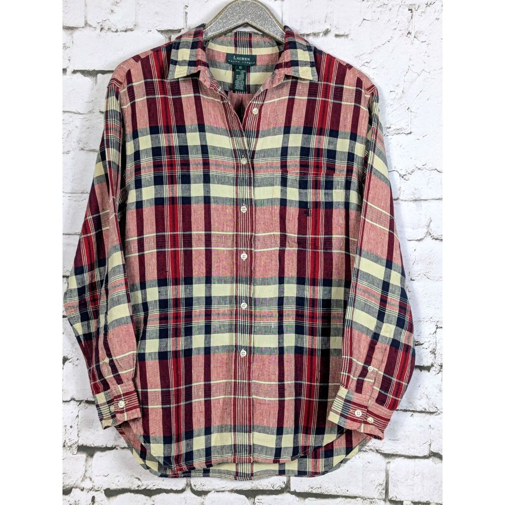LAUREN Ralph Lauren 100% Linen Plaid LS Shirt Monogram Country Cottage Size 12